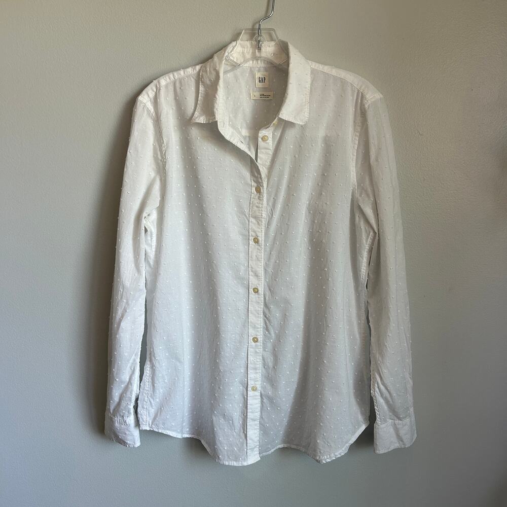 GAP White Swiss Dot Fitted Boyfriend Cotton Button Down Collared Shirt Large